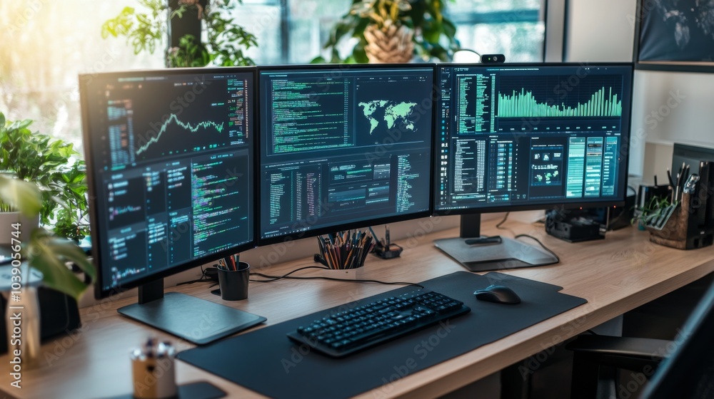 Modern workspace with three monitors displaying data and code Modern workspace with three monitors displaying data and code