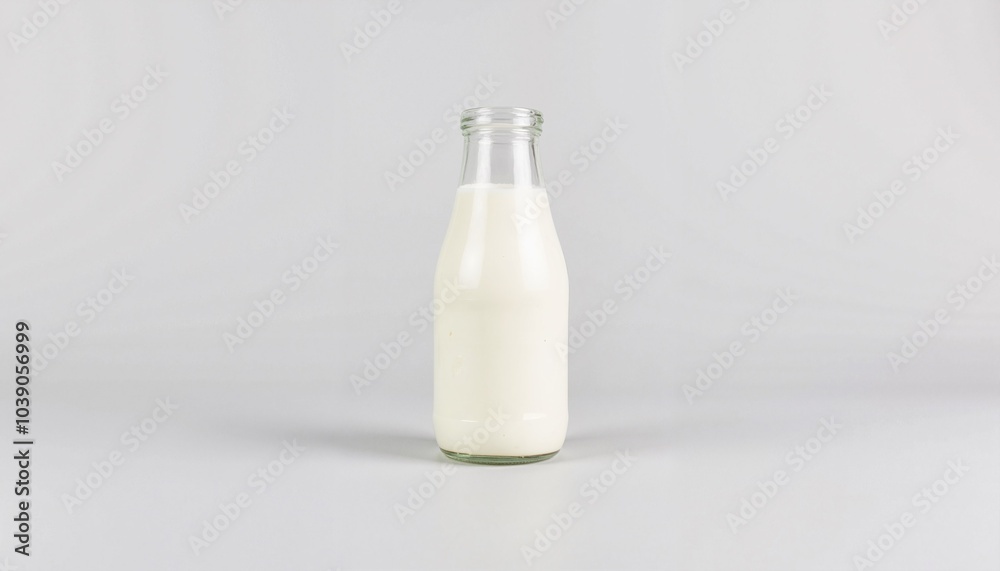 Glass milk bottle in minimalist style with white colors for dairy product concept with copy space Glass milk bottle in minimalist style with white colors for dairy product concept with copy space