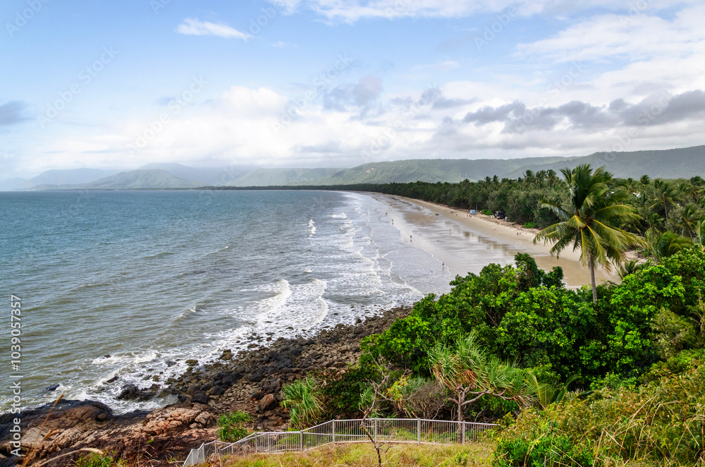 Majestic tropical golden sandy Four Mile Beach in Port Douglas, Queensland, Australia. It is one of the most popular and well-known beaches in Tropical North Queensland.