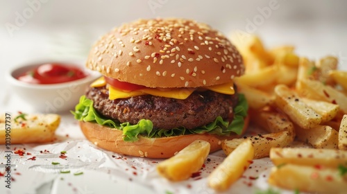 Fast food with juicy hamburger and golden potatoes on a white isolated background