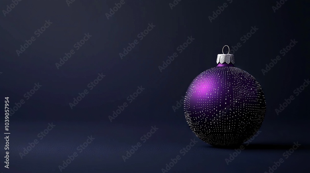 Fototapeta premium A purple Christmas ornament sits atop a dark blue surface with a white dot on top