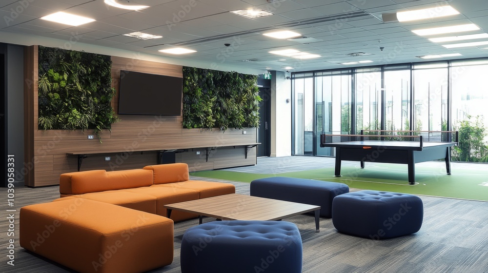 Modern Office Lounge with Green Wall, Orange Sofa, and Ping Pong Table Modern Office Lounge with Green Wall, Orange Sofa, and Ping Pong Table