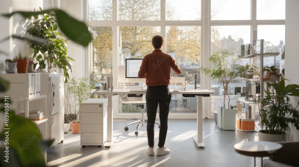 A Man Stands by a Desk in a Modern Office A Man Stands by a Desk in a Modern Office
