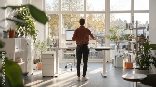 A Man Stands by a Desk in a Modern Office photo