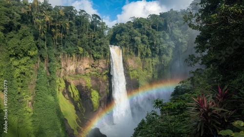 Majestic waterfall cascading into a pool with a vibrant rainbow overhead