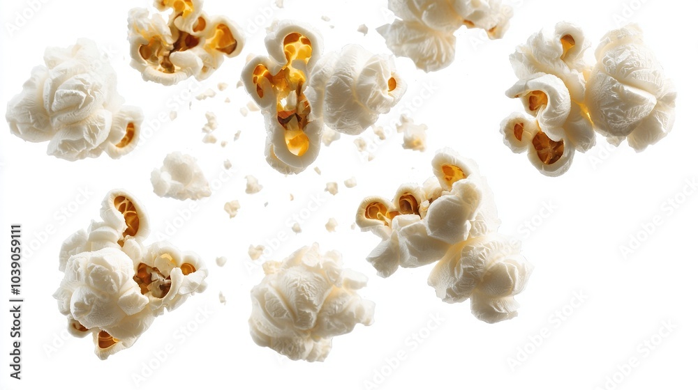 A close-up of popcorn kernels on a white background, with a few scattered around A close-up of popcorn kernels on a white background, with a few scattered around