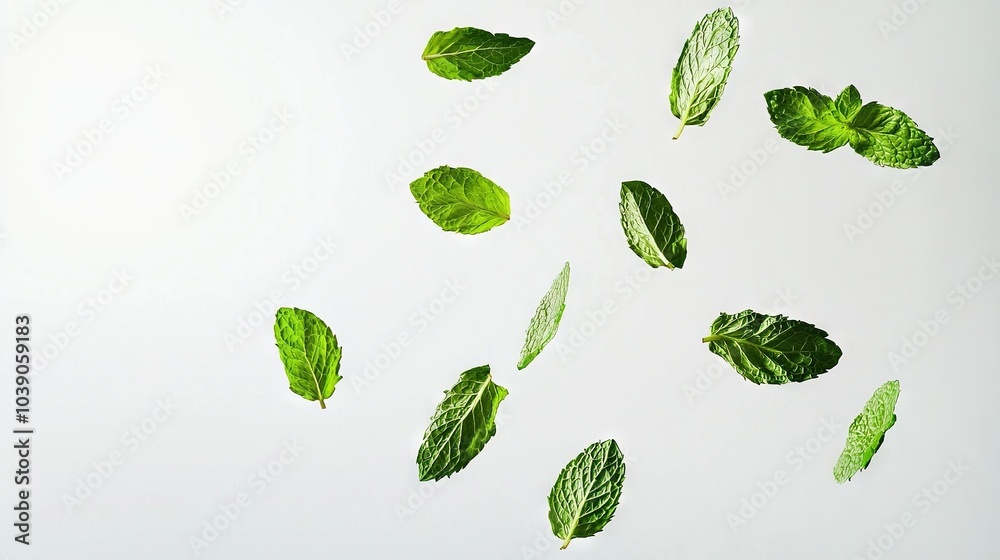 Green leaves float on a white surface with a clock in black and white Green leaves float on a white surface with a clock in black and white