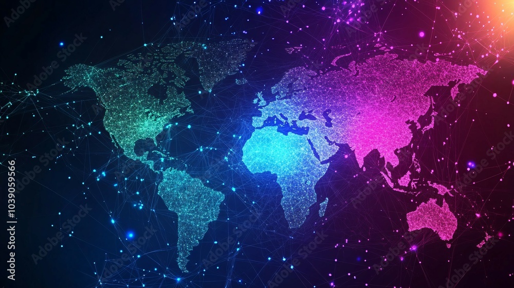 A Connected World Map with Intertwined Lines and Glowing Points A Connected World Map with Intertwined Lines and Glowing Points