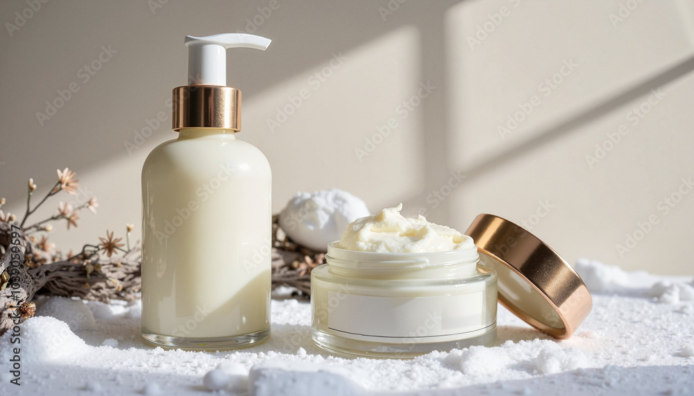 Winter skincare essentials including a pump bottle and a cream jar with decor Winter skincare essentials including a pump bottle and a cream jar with decor