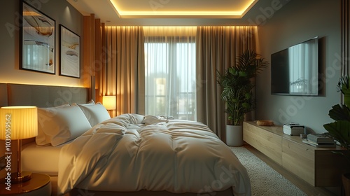 Modern bedroom interior design with a large bed, bedside tables, curtains, a TV, and a plant.