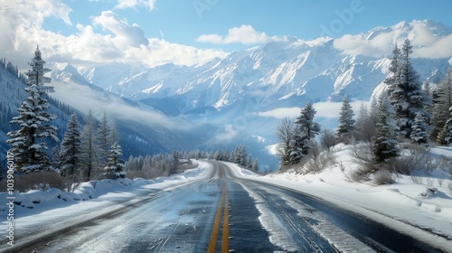 A road through a snowy mountain range with pine trees