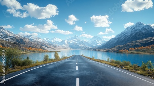 Asphalt highway road and blue lake with mountain nature landscape under blue sky : Generative AI