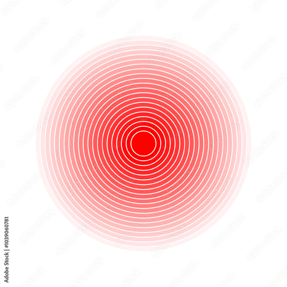 Pain localization icon. Red concentric circles. Ache or inflammation symbol. Target, pulse, shockwave or radiation sign. Coverage or damage, radio or sonar signal pictogram. Vector illustration. Pain localization icon. Red concentric circles. Ache or inflammation symbol. Target, pulse, shockwave or radiation sign. Coverage or damage, radio or sonar signal pictogram. Vector illustration.