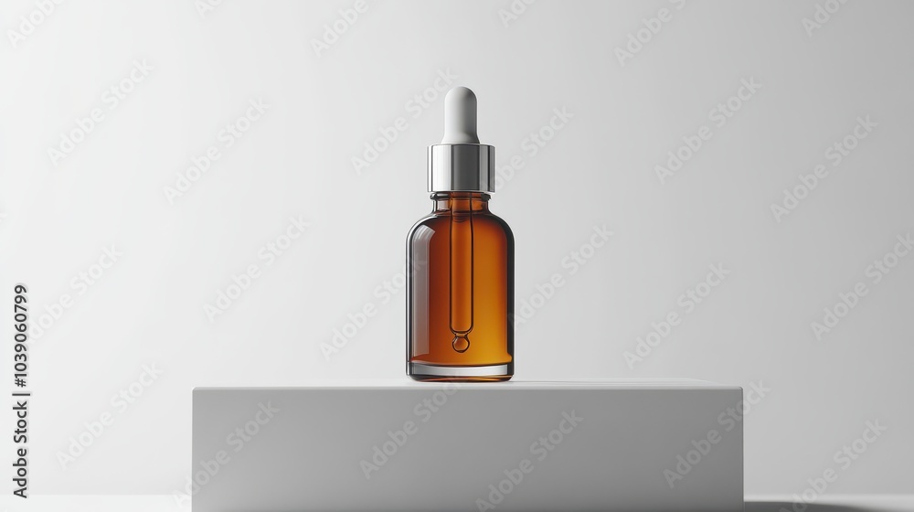 bottle of glass with cosmetic serum on white background. Mockup of container with dropper bottle of glass with cosmetic serum on white background. Mockup of container with dropper