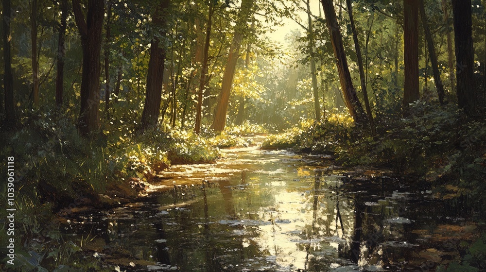 Obraz premium A serene forest scene featuring a narrow, gently flowing creek. Sunlight filters through the tall trees, casting dappled patterns on the water's surface. The lush, green foliage surrounding the water