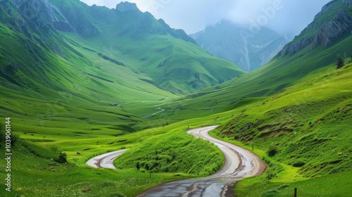 A road winding through a lush green valley with mountains