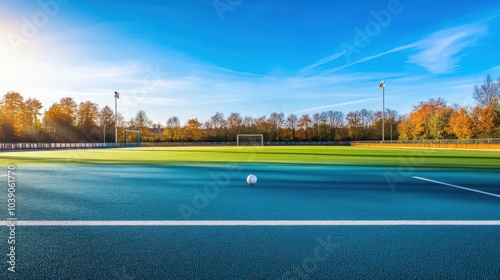 A tranquil outdoor field hockey pitch with a well-maintained surface and neatly arranged goals, surrounded by open fields and a bright sky, early morning light adding a serene touch