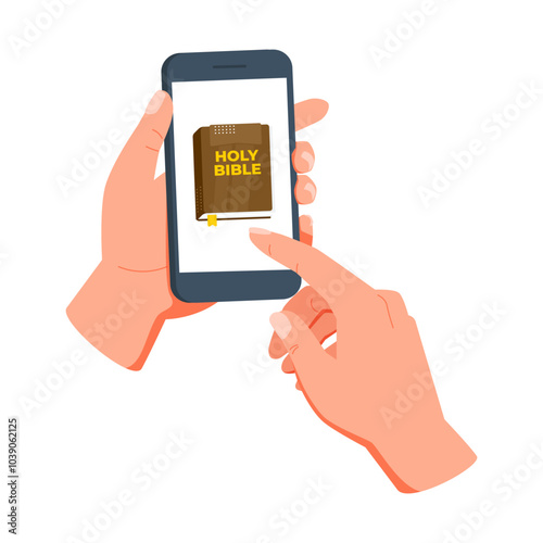 Hands holding smartphone with holy bible app on screen