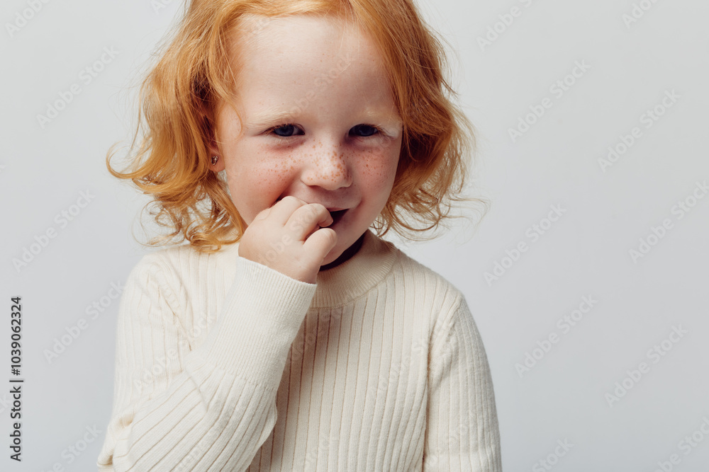 Innocent girl with red hair posing in front of white background in beauty and fashion concept Innocent girl with red hair posing in front of white background in beauty and fashion concept