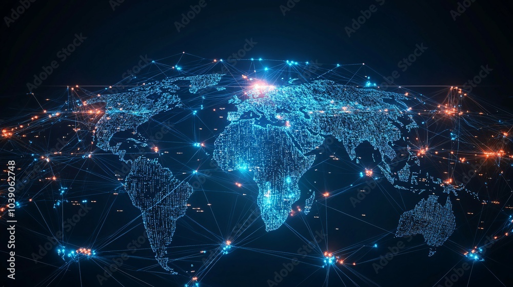 Obraz premium A digital representation of the world with connecting lines and glowing dots.