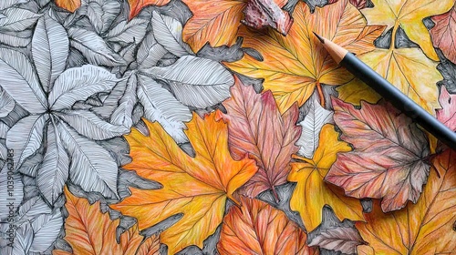 The image features a close-up view of an artistic arrangement of leaves, showcasing a mix of hand-drawn and colored elements. The leaves are primarily in warm hues of yellow, orange, and red, depictin photo