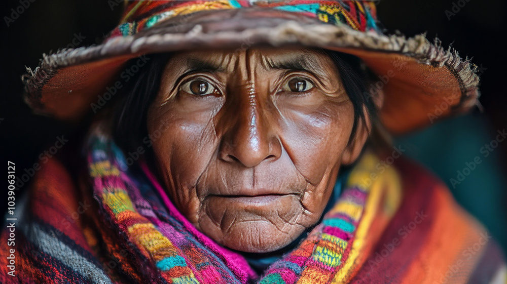 Portrait of an indigenous quechua man wearing a colorful hat Portrait of an indigenous quechua man wearing a colorful hat