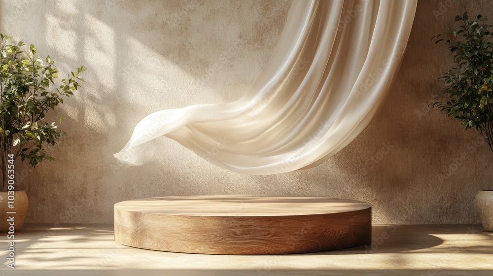 3D display podium, brown background with wood frame pedestal and flying silk cloth curtain. Nature wind. Beauty, cosmetic product presentation stand. Luxury feminine mockup 3d advertisement 3D display podium, brown background with wood frame pedestal and flying silk cloth curtain. Nature wind. Beauty, cosmetic product presentation stand. Luxury feminine mockup 3d advertisement