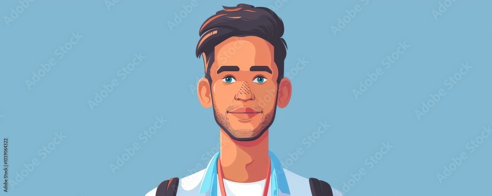 Cartoon-style illustration of a young man with blue eyes and a friendly smile, perfect for avatars or profiles for id cards.
