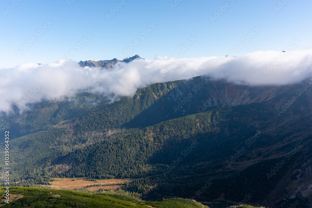 Obraz premium Stunning mountain landscape covered in clouds on bright sunny day, showcasing green forested slopes and distant peaks. Concept of nature beauty, mountain environment for outdoor adventure and travel. 
