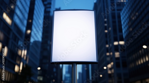 Blank billboard in cityscape, evening lighting.