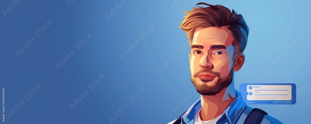 Cartoon-style illustration of a young man with blue eyes and a friendly smile, perfect for avatars or profiles for id cards.