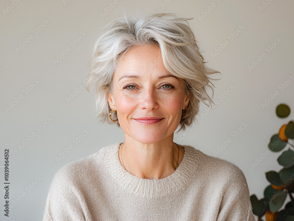 Confident and Radiant: A mature woman with a radiant smile and silver hair, exudes confidence and natural beauty in a warm, soft-lit portrait. Confident and Radiant: A mature woman with a radiant smile and silver hair, exudes confidence and natural beauty in a warm, soft-lit portrait.