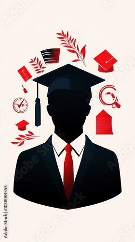 Graduation silhouette with icons and cap, abstract representation. photo