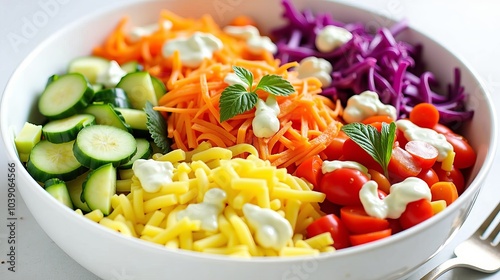 Colorful salad with fresh vegetables served in a large bowl, showcasing vibrant ingredients and creamy dressing