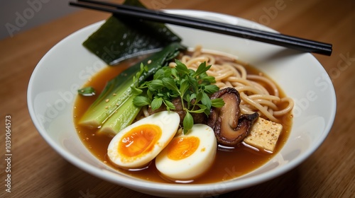 Delicious bowl of ramen featuring soft-boiled eggs, mushrooms, and fresh vegetables on a wooden table