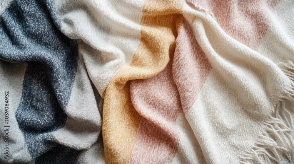 Fototapeta premium Cozy Blanket with Horizontal Stripes in Neutral Tones of Gray, Beige, and Cream