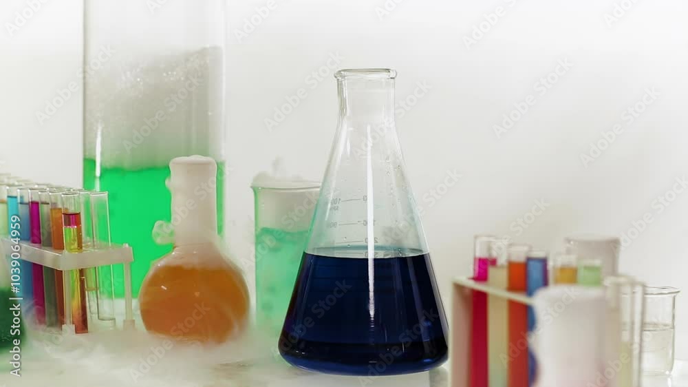 Conducting chemical experiments in the laboratory. Test tubes with colored liquids, lots of smoke and foam. Close up.