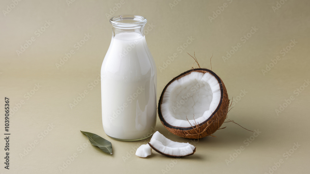 A glass of milk and a half of a coconut are placed on a table. The coconut is cut in half, revealing its white interior. The milk is in a clear glass, and the table is a light brown color A glass of milk and a half of a coconut are placed on a table. The coconut is cut in half, revealing its white interior. The milk is in a clear glass, and the table is a light brown color