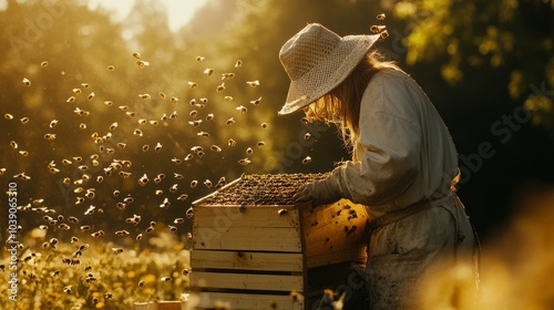 Beekeeper in protective suit in the apiary collects honey in open nature at sunset with space for text
