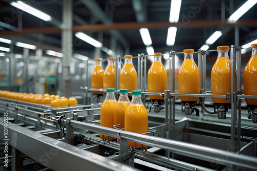 Orange juice bottles move along a conveyor belt in a factory
