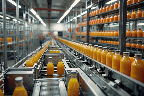 Orange juice bottles move along a conveyor belt in a factory