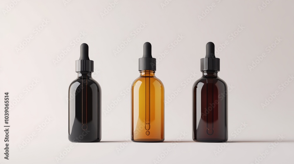 Mockup of three dark bottles with pipette in different degrees of transparency close up isolated on light background with space for logo, text or inscriptions
Mockup of three dark bottles with pipette in different degrees of transparency close up isolated on light background with space for logo, text or inscriptions