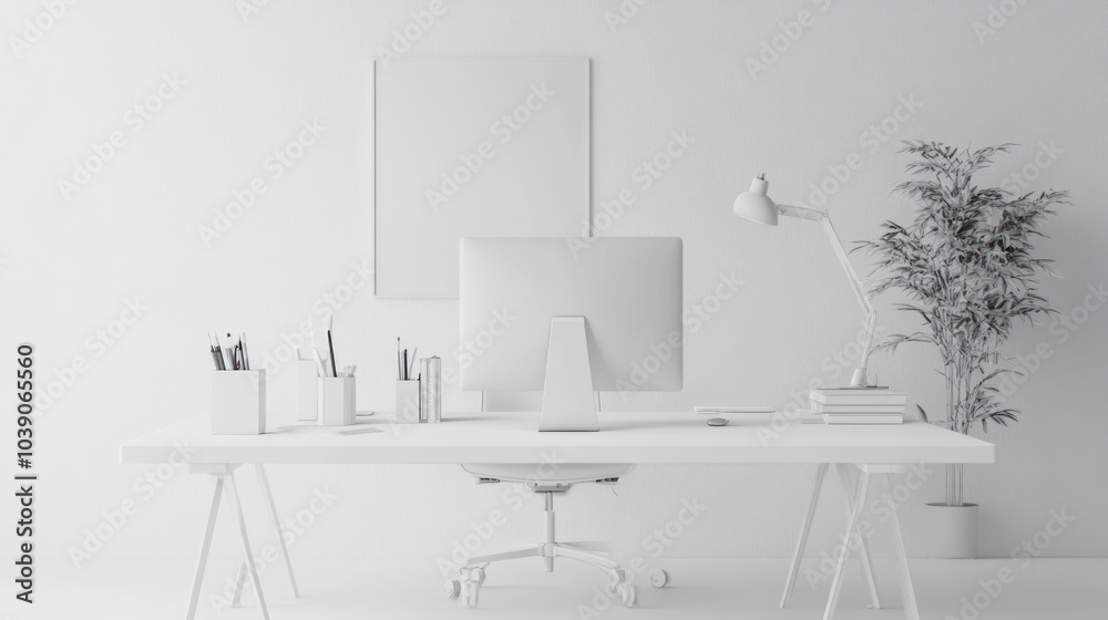 A white room with a white desk, computer monitor, lamp, and plants. Empty picture frames A white room with a white desk, computer monitor, lamp, and plants. Empty picture frames