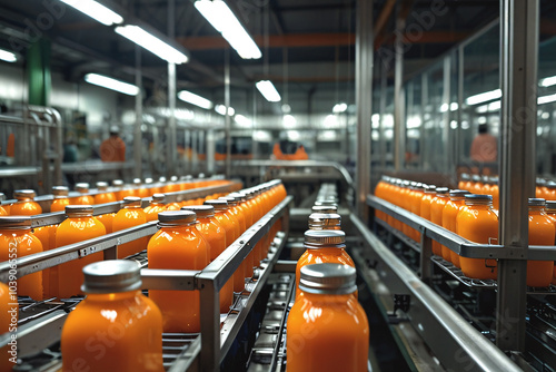 Orange juice bottles move along a conveyor belt in a factory