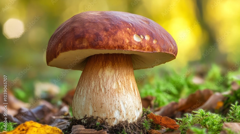 Boletus edulis close up in the forest growing on moss. White edible mushroom. close up in the forest on the forest floor
Boletus edulis close up in the forest growing on moss. White edible mushroom. close up in the forest on the forest floor