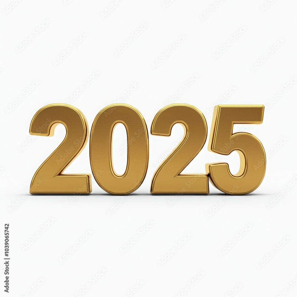 Gold 2025 metallic numbers on a white background. Sleek and simple New Year’s design ideal for luxury greeting cards, party invitations, or festive event promotions. Gold 2025 metallic numbers on a white background. Sleek and simple New Year’s design ideal for luxury greeting cards, party invitations, or festive event promotions.