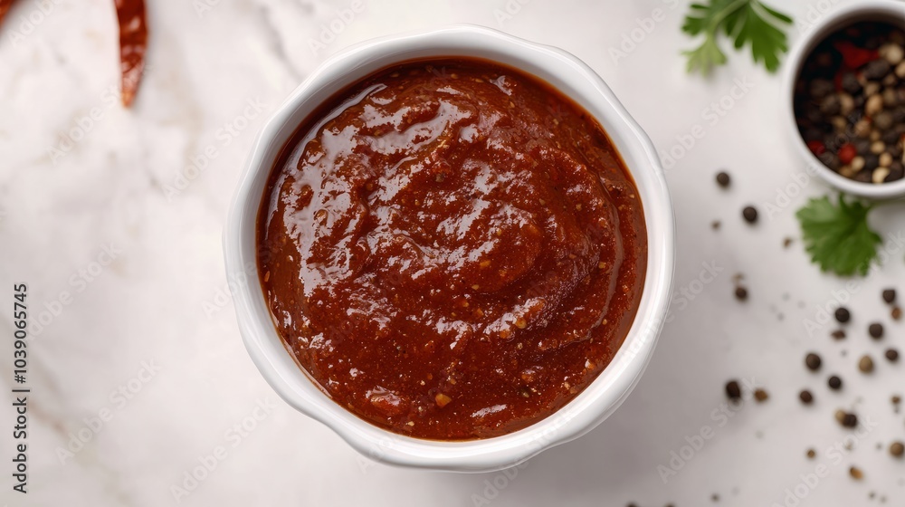 Bowl of tasty chipotle sauce and spices on marble light background top view with space for text or inscriptions
Bowl of tasty chipotle sauce and spices on marble light background top view with space for text or inscriptions