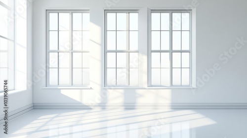 A bright, white room with large windows. Sunlight streams in