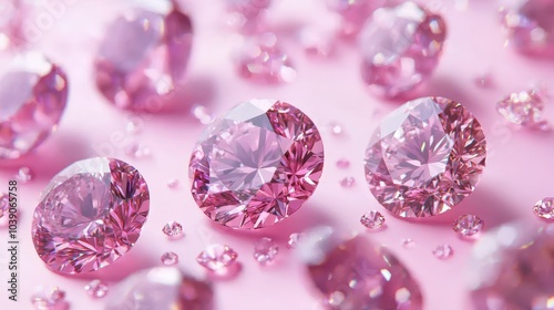 A collection of pink diamonds on a pink backdrop featuring numerous pink diamonds