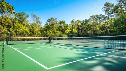 Wallpaper Mural A tranquil outdoor pickleball court with freshly painted lines and well-maintained nets, surrounded by lush greenery and a clear blue sky, early afternoon light creating a serene atmosphere Torontodigital.ca